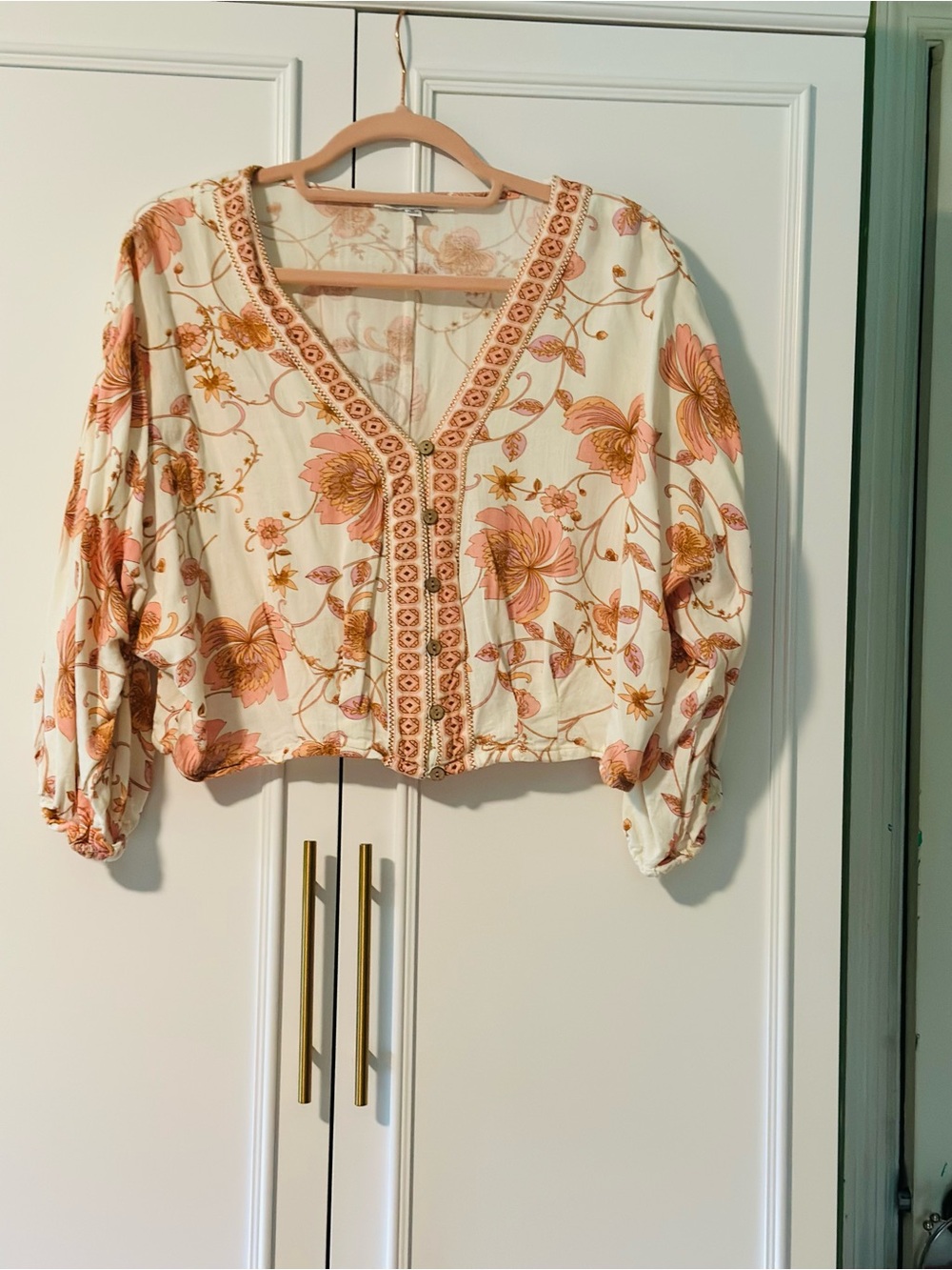 Rose + Olive Cream Cropped Blouse with Pink & Tan Floral M